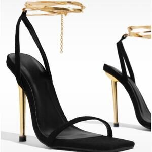 Black Strappy Stiletto Heels Gold Accent Open Toe Womens
